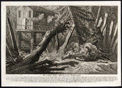 Hunting scene print with elevated shooting cabin - Ridinger - Engraving - 18th c