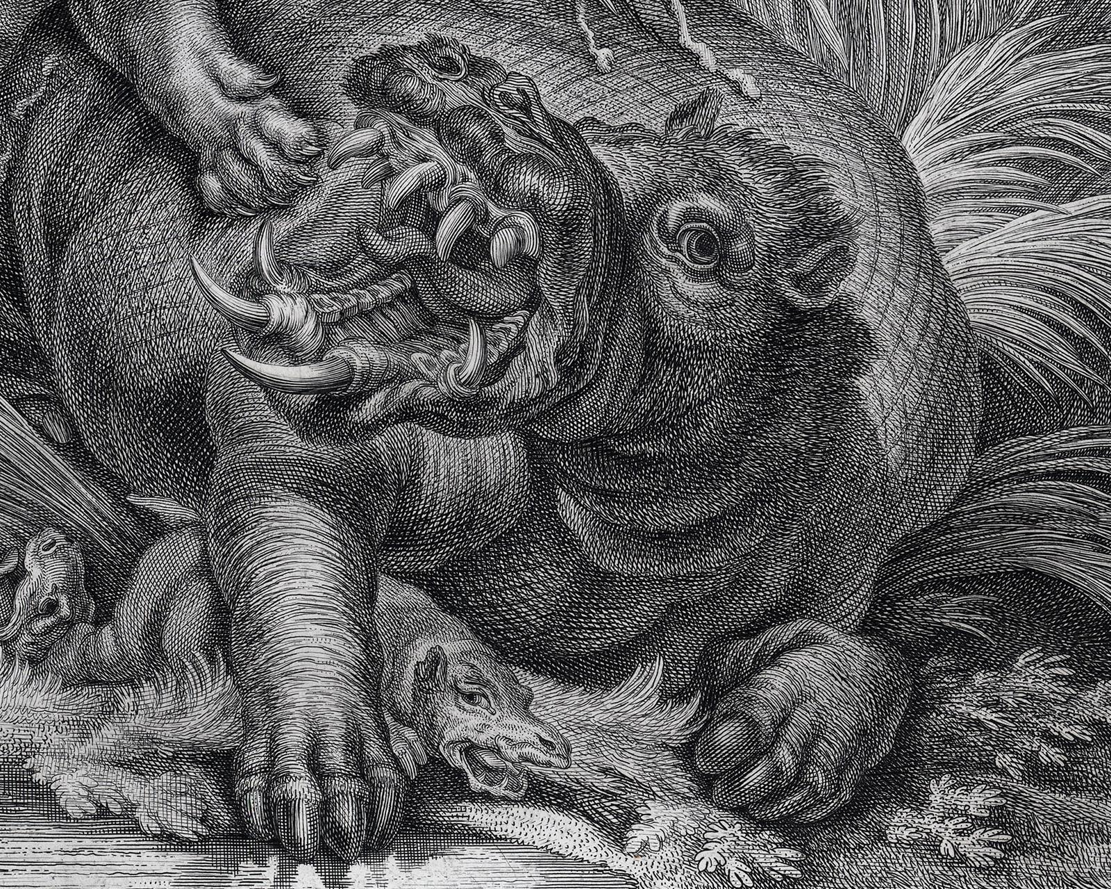 Hunting scene with a lion jumping a hippo by Ridinger - Engraving - 18th c - Gray Landscape Print by Martin Elias Ridinger