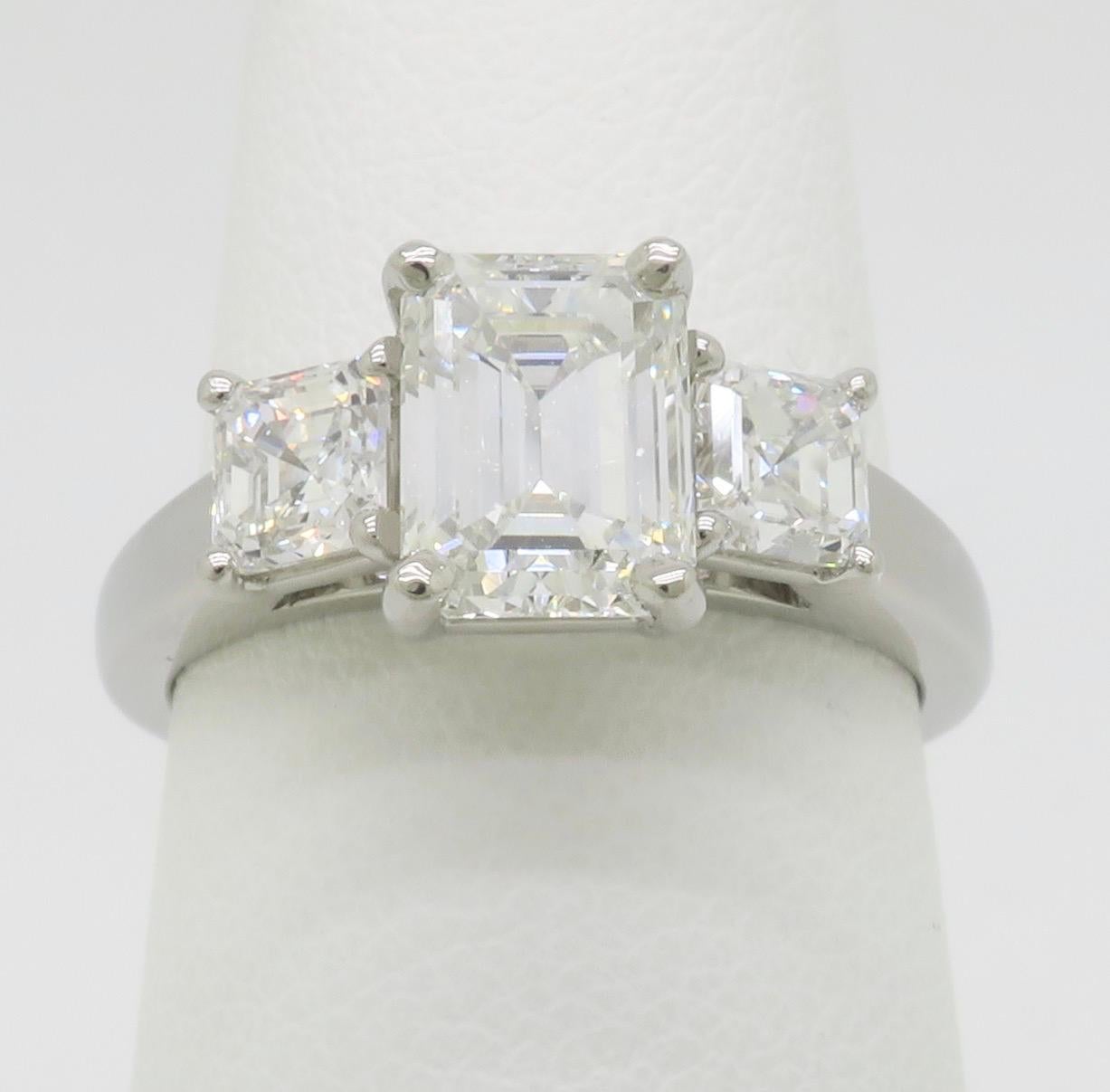 Emerald Cut Martin Flyer GIA Certified 2.21CTW Three Stone Diamond Ring in Platinum For Sale