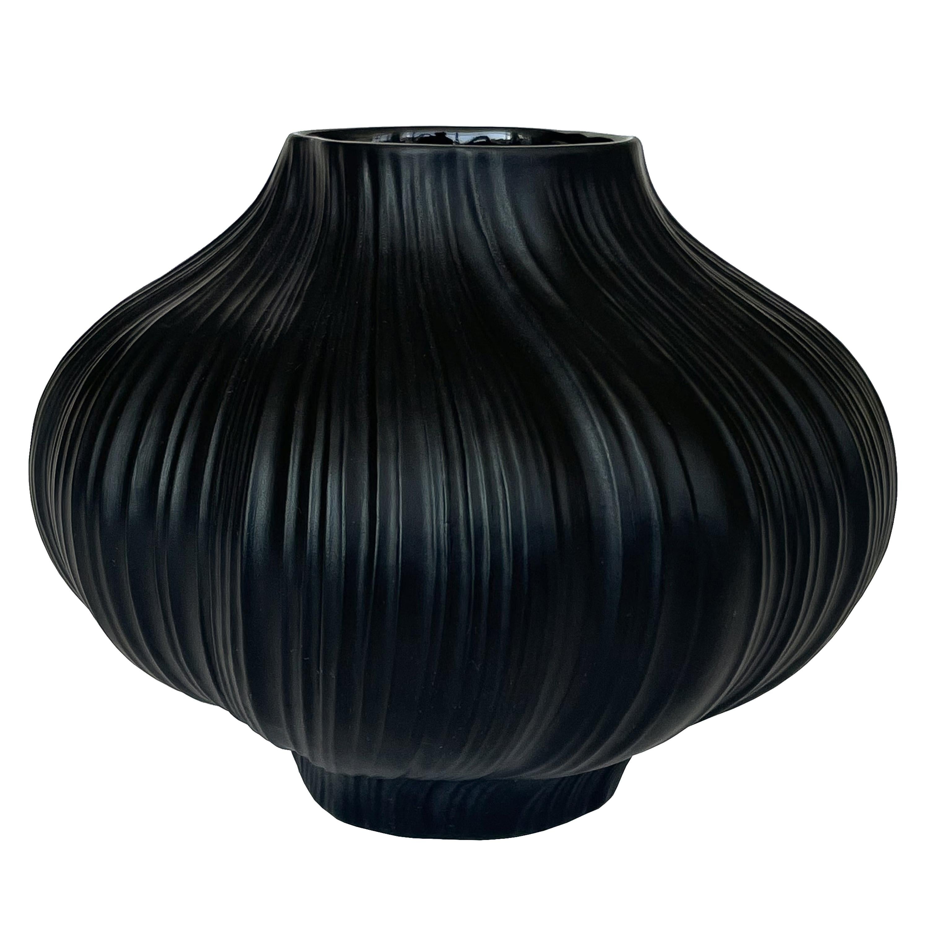 Martin Freyer Black Unglazed Porcelain Plissee Vase for Rosenthal