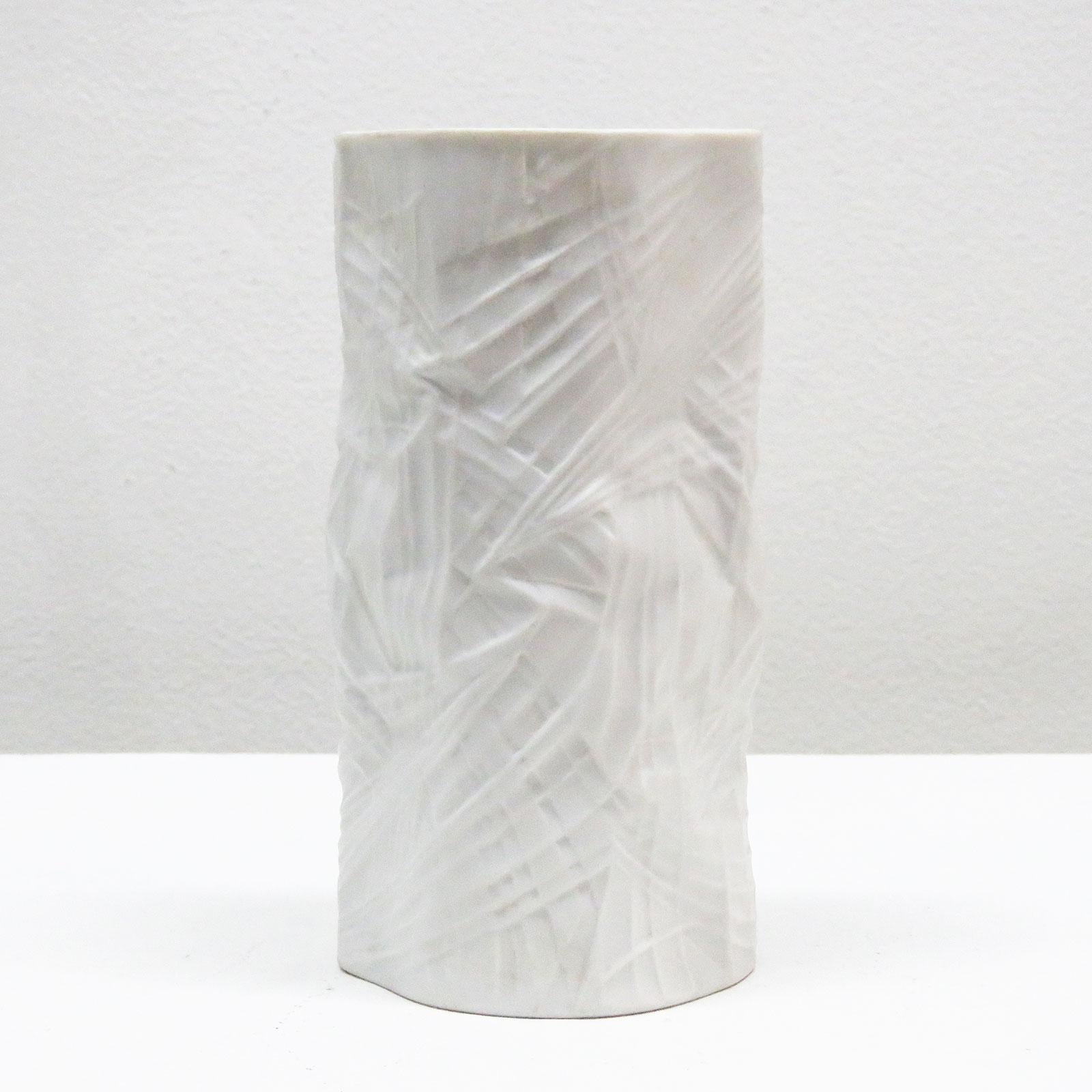 Wonderful, organic, matte porcelain vase No. 2991 by Martin Freyer for Rosenthal Studioline, Germany with a wrapped textile pattern look and glazed interior, marked.