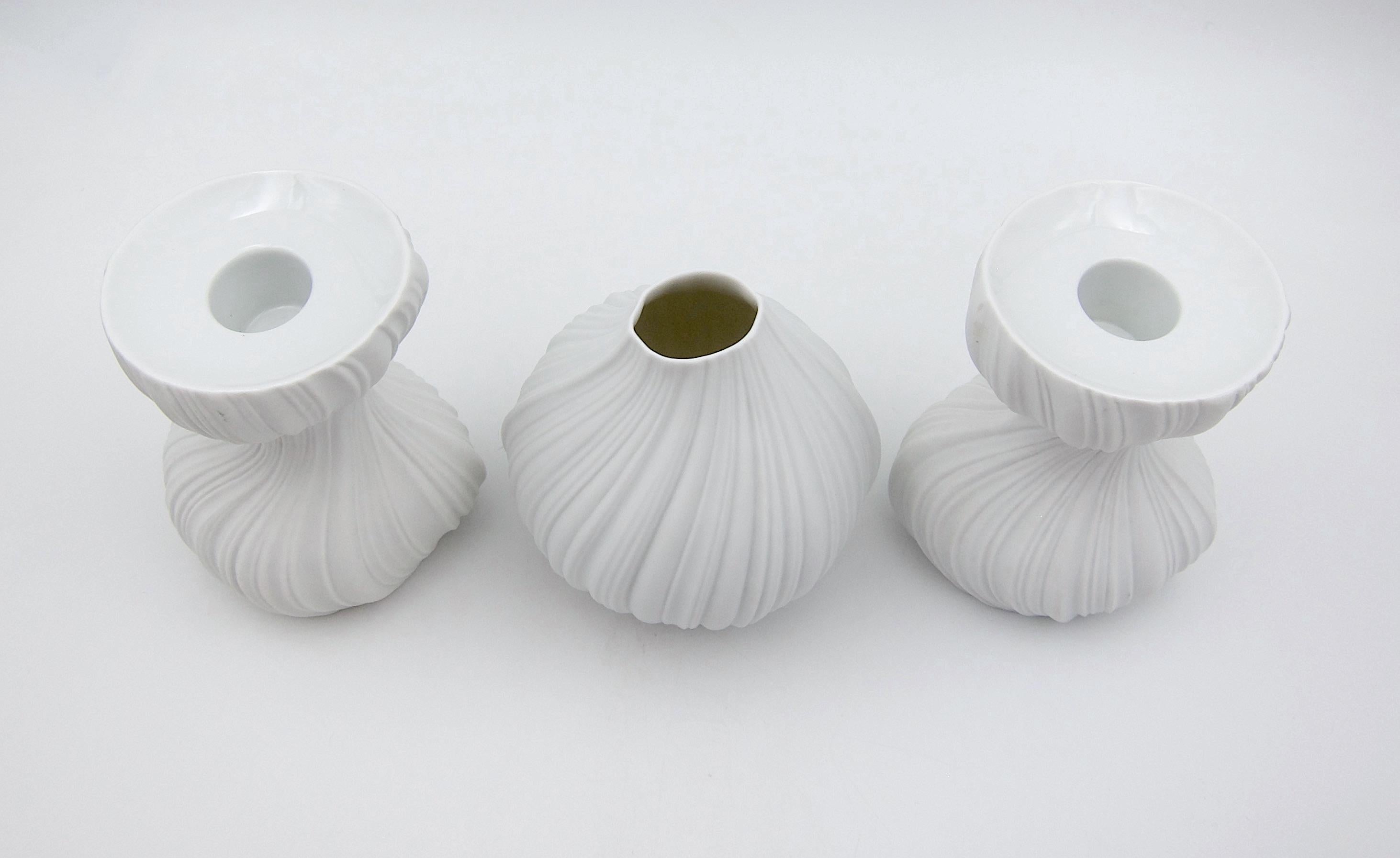 White Bisque Porcelain Plissee Vase and Candle Holders by Martin Freyer In Good Condition For Sale In Los Angeles, CA