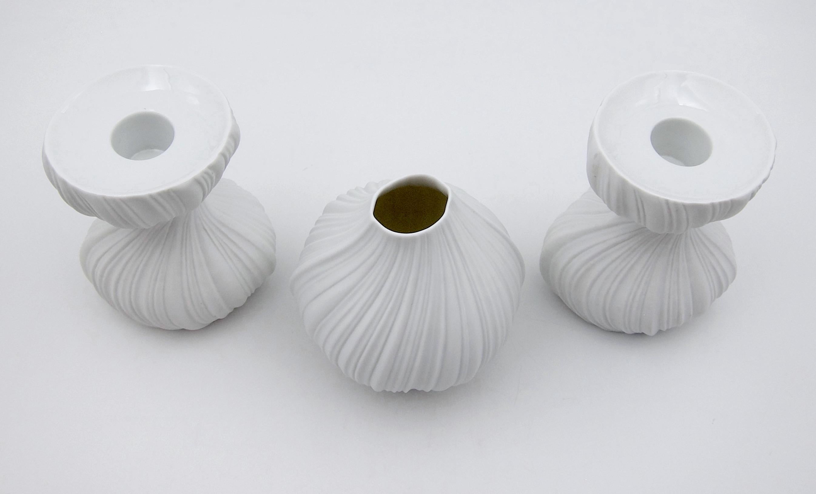 Late 20th Century White Bisque Porcelain Plissee Vase and Candle Holders by Martin Freyer For Sale