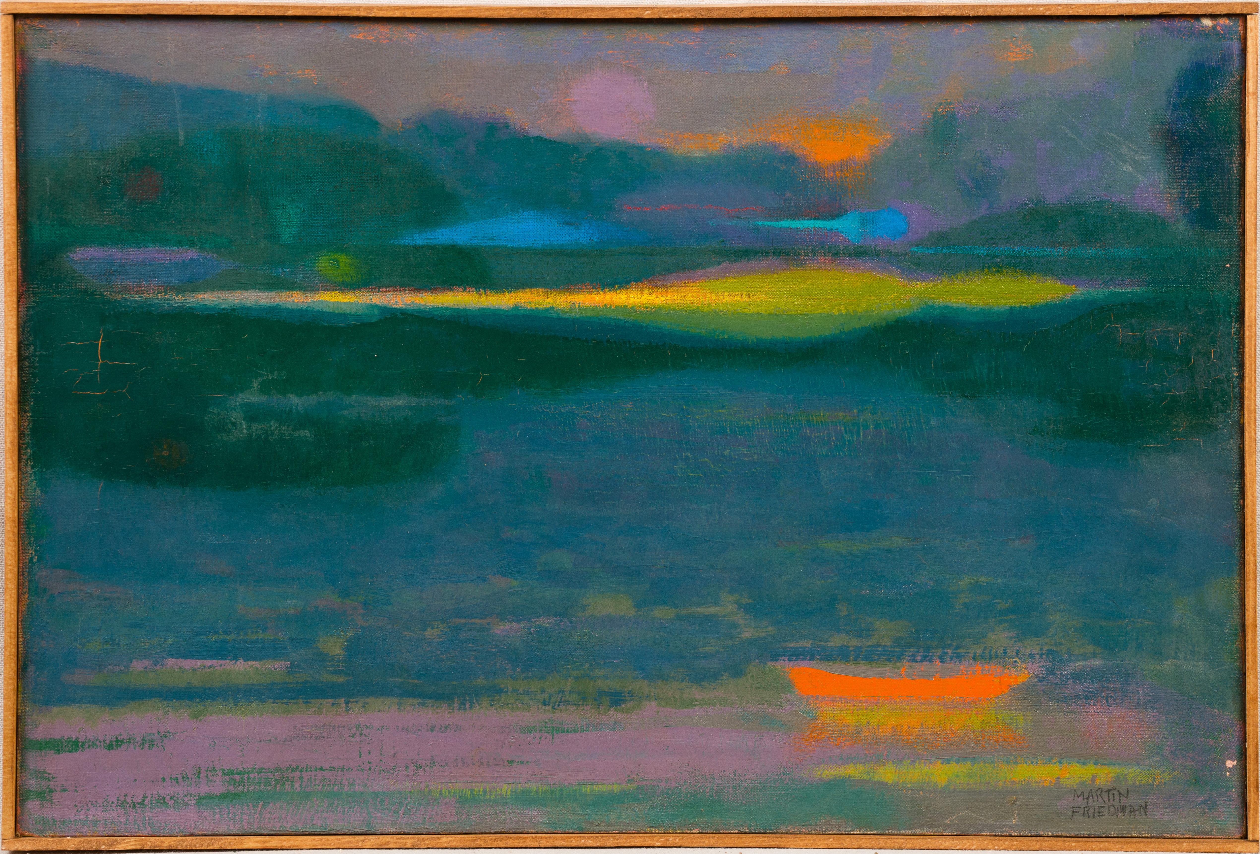 Vintage Fauvist American Sunset Lake Landscape Peinture à l'huile originale encadrée - Painting de Martin Friedman