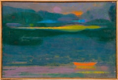 Vintage American Fauvist Sunset Lake Landscape Framed Original Oil Painting