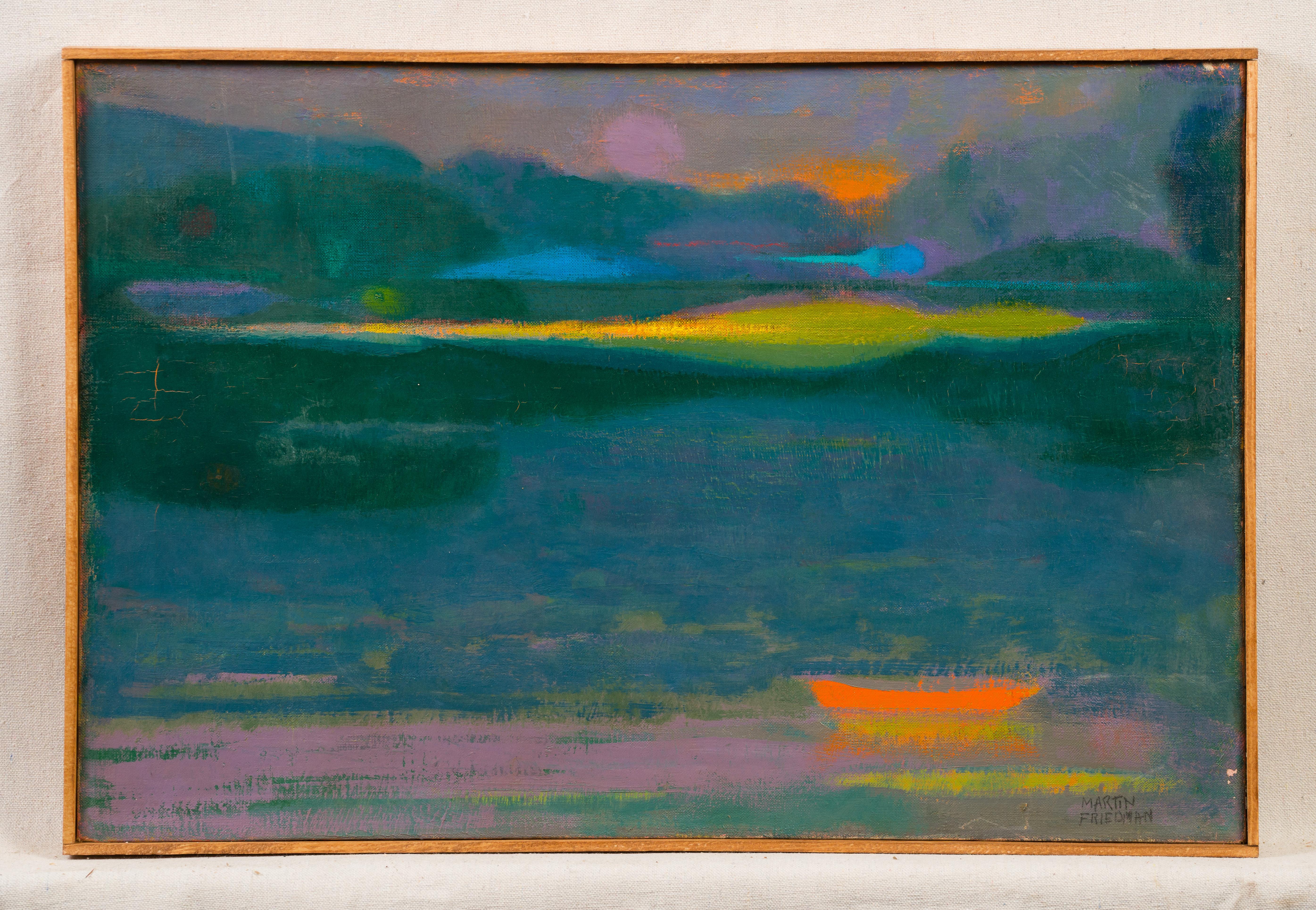Vintage Fauvist American Sunset Lake Landscape Peinture à l'huile originale encadrée - Fauvisme Painting par Martin Friedman