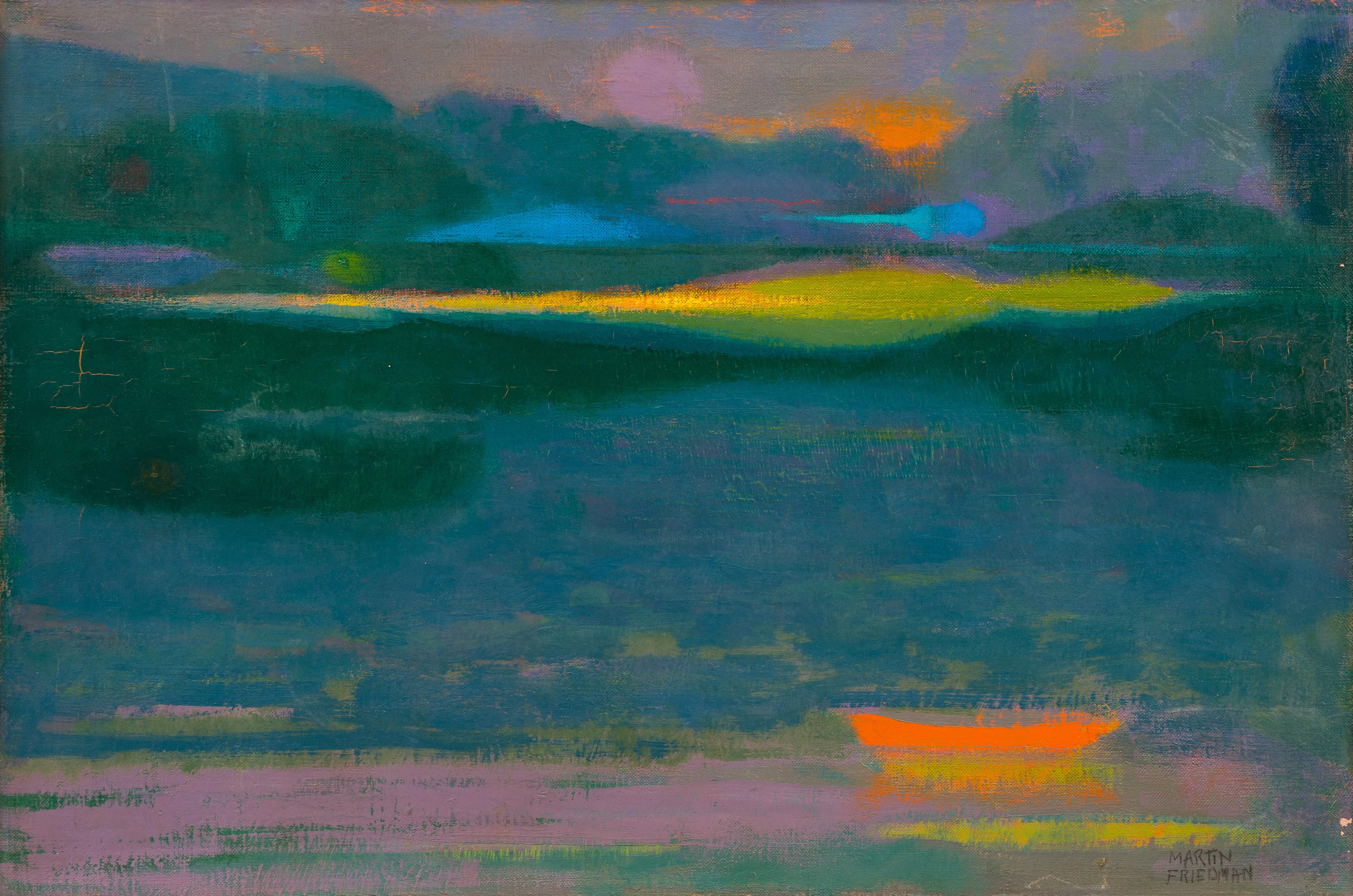 Transportez-vous dans un monde vibrant et intemporel avec notre paysage de lac couchant de style fauviste américain Vintage. Cette exquise peinture à l'huile originale, créée par le talentueux Martin Friedman vers 1950, est un tableau spécial qui