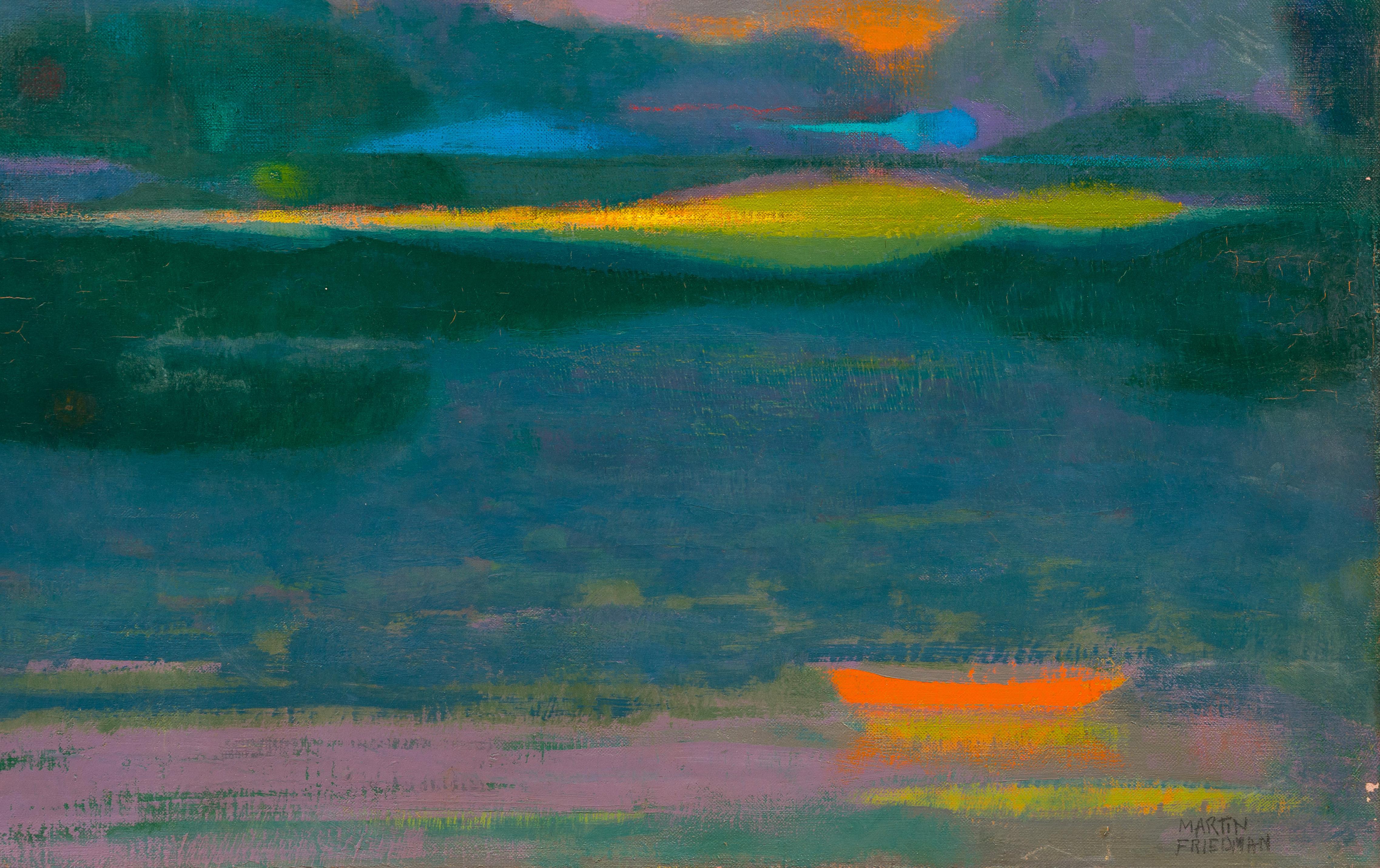 Vintage Fauvist American Sunset Lake Landscape Peinture à l'huile originale encadrée 1