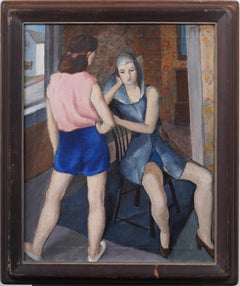 Antique American Modernist Finely Painted Interior Scene Portrait Oil Painting