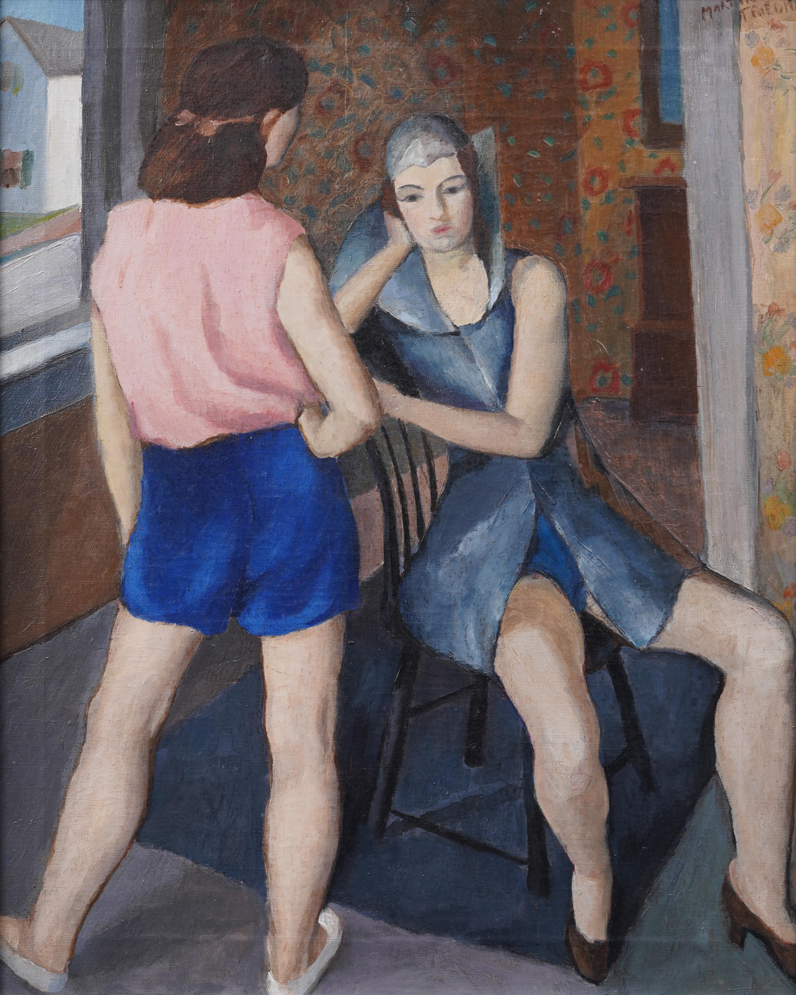 Antico dipinto americano modernista Finemente dipinto Scena d'interni Ritratto ad olio - Painting Moderno di Martin Friedman (1896 - 1980)