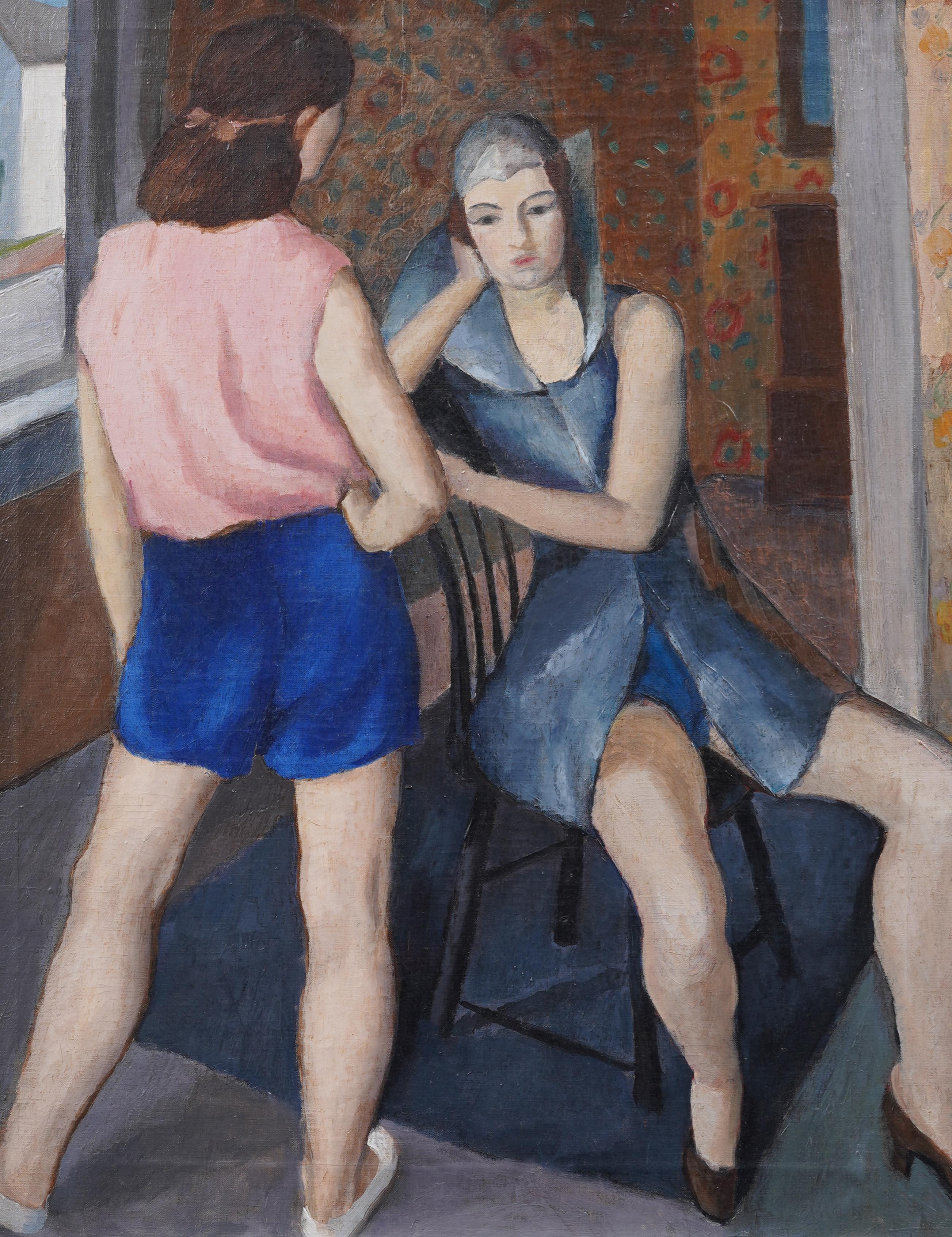 Antico dipinto americano modernista Finemente dipinto Scena d'interni Ritratto ad olio - Interior Painting Nero di Martin Friedman (1896 - 1980)