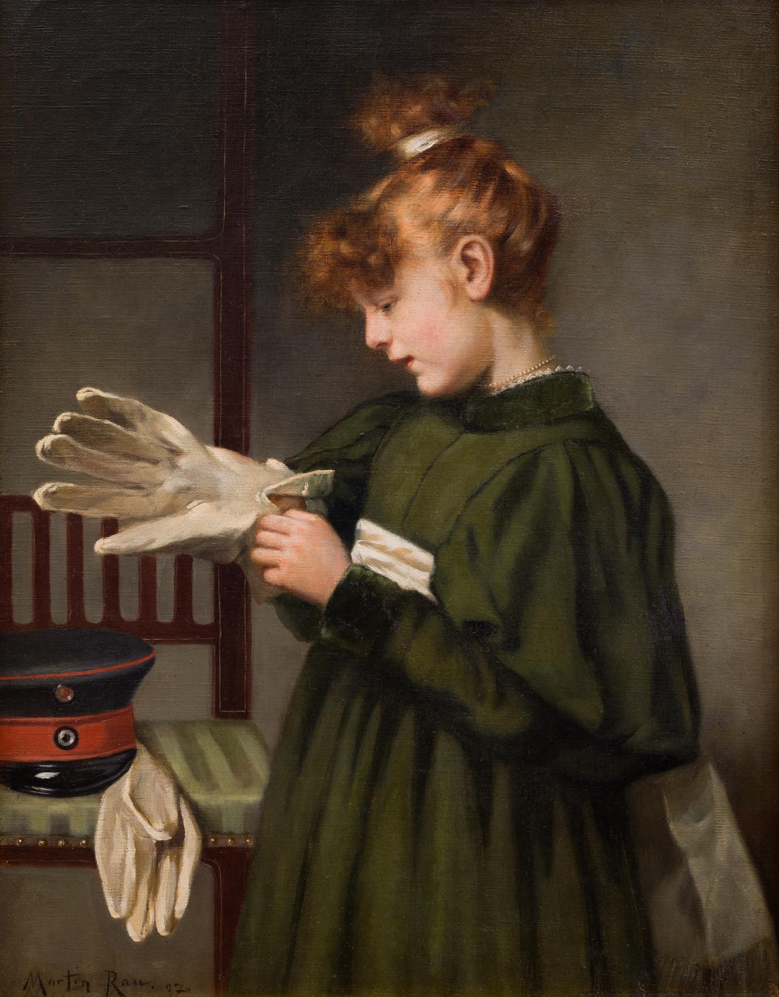 This captivating painting by Martin Friedrich Rau, created in 1897, depicts a young girl elegantly dressed in a green dress adorned with a vintage ribbon cinched around her waist. Her hair is elegantly styled, secured with a pristine white ribbon,