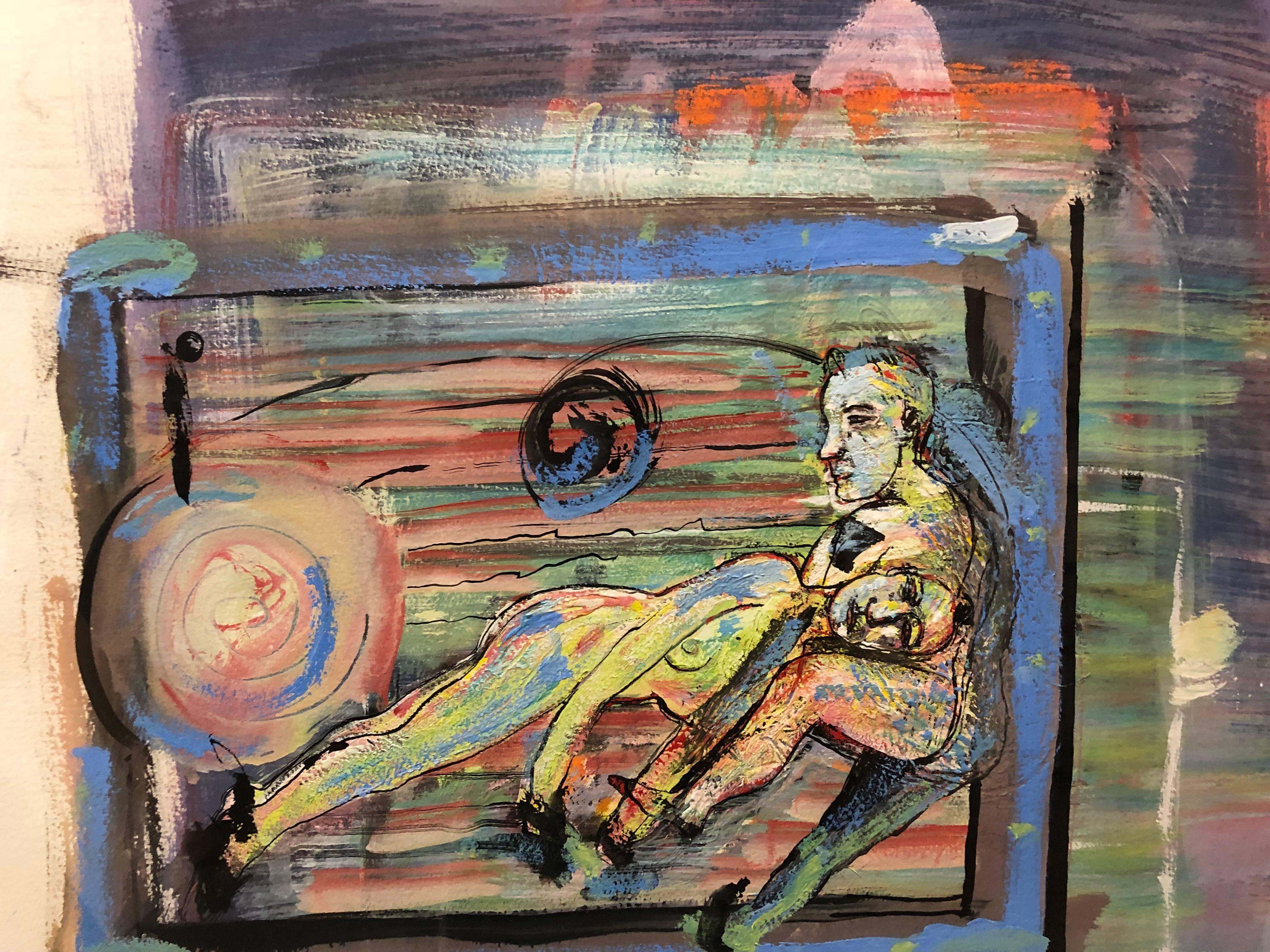 Testa in grembo, figure nude Pittura ad olio su carta Arches - Painting di Martin Fuller