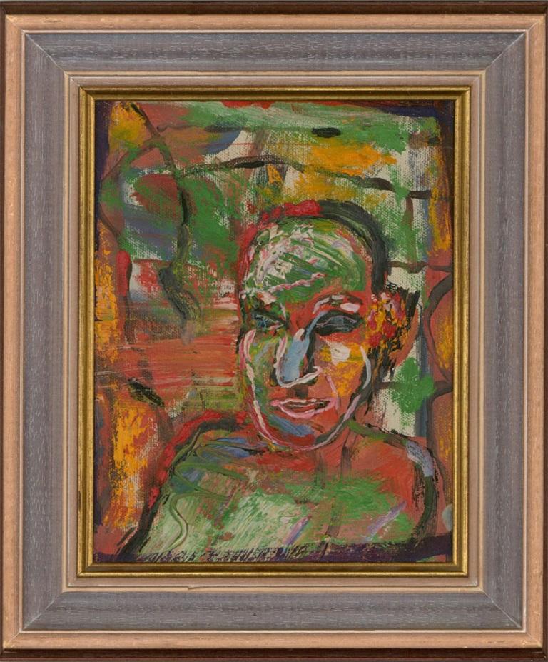 A great example of  work in oil by the acclaimed British artist Martin Fuller. With clear influences of modern art, Fuller depicts a vibrant abstract portrait of a man. Both the colour palette and impasto application of the oil paint highlight the