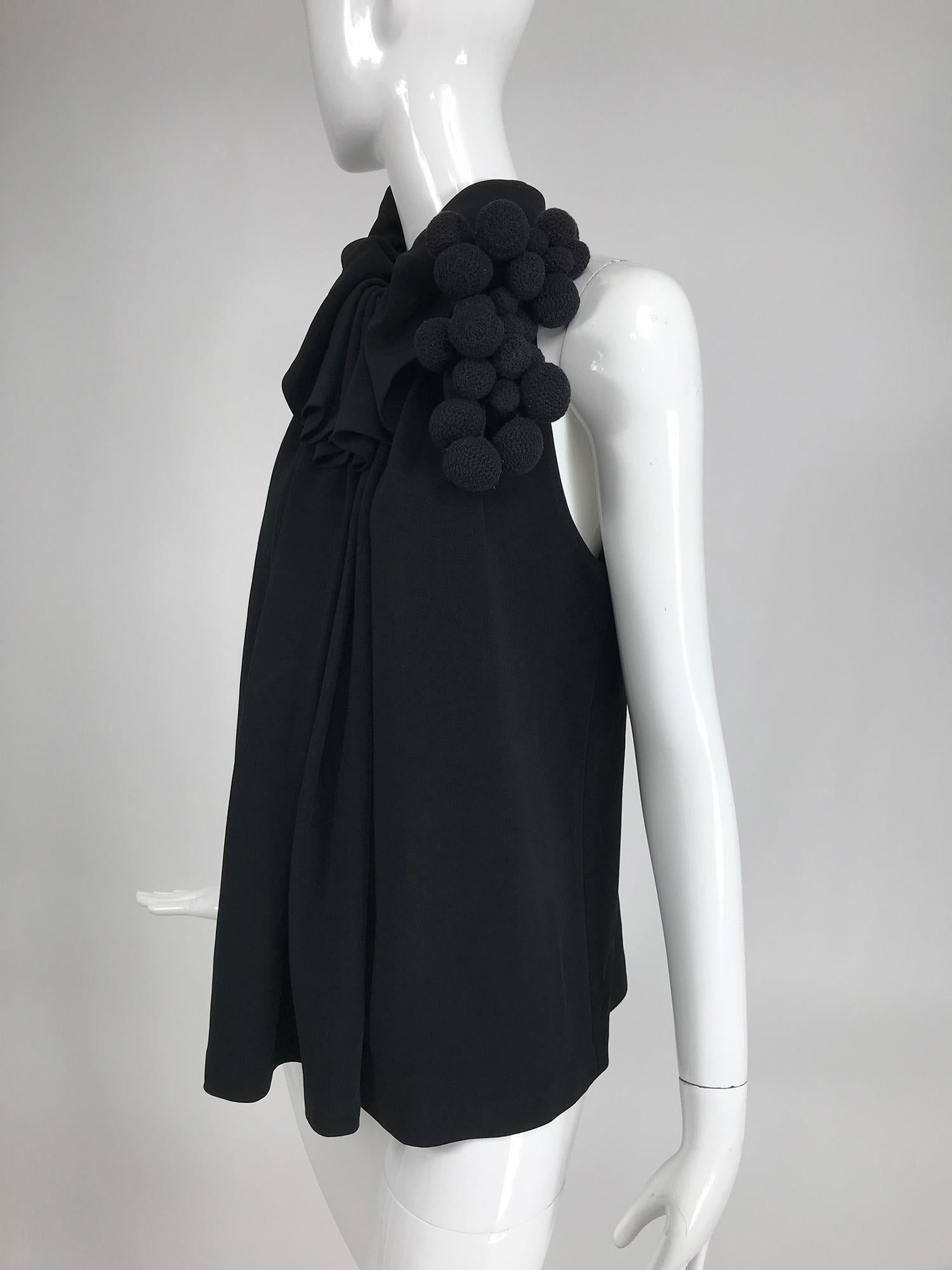 Martin Grant Black Sleeveless Gathered Tunic Top with Crochet Balls For Sale 3