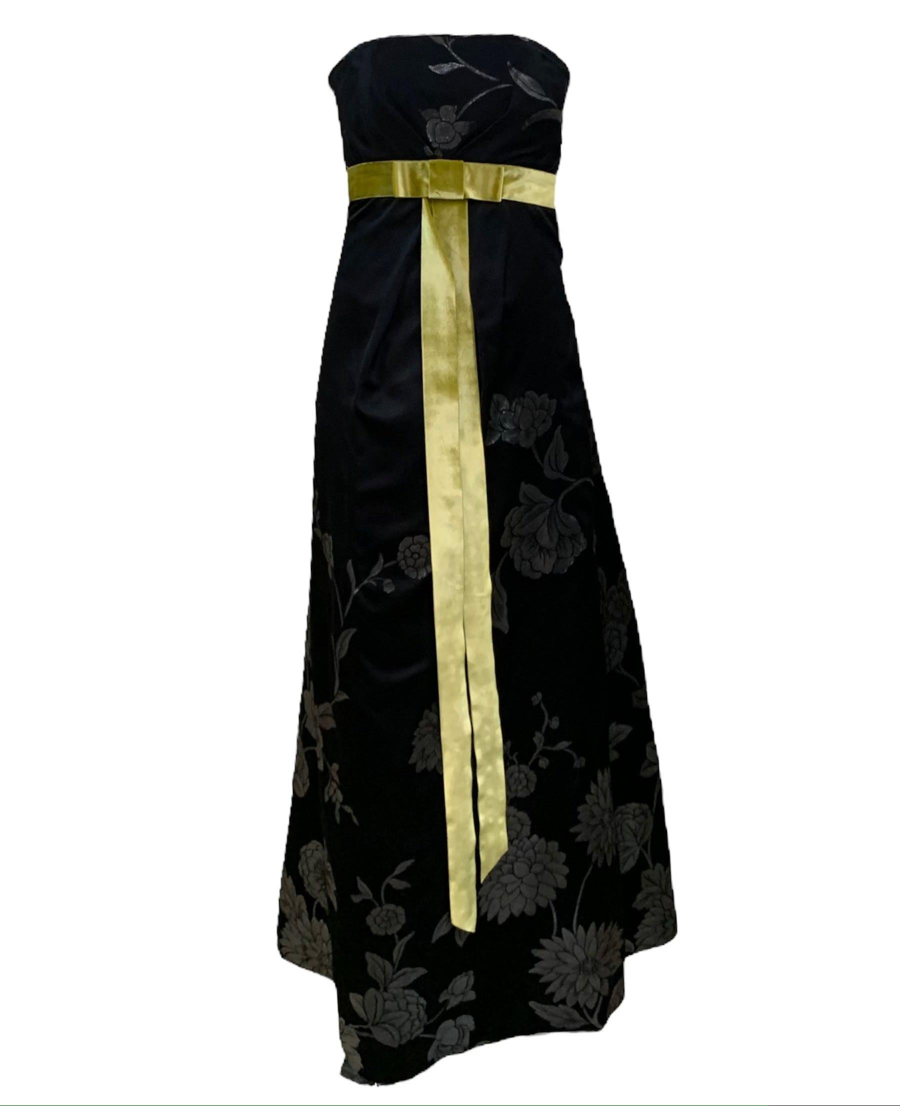 Martin Grant Vestido negro sin tirantes con fajín Chartreuse en venta