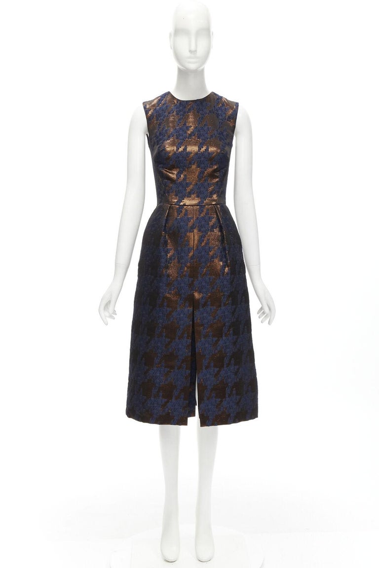 Martin Grant Metallic Copper Navy Houndstooth Jacquard Midi Dress FR34 Xs