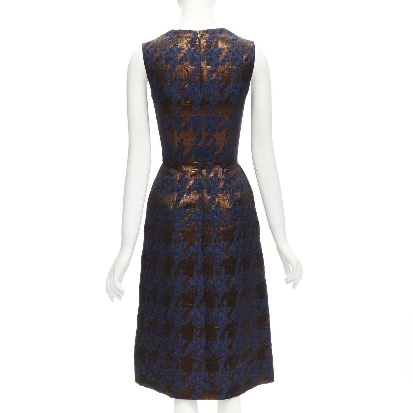 Martin GRANT metallic copper navy houndstooth jacquard midi dress FR34 XS en vente 1