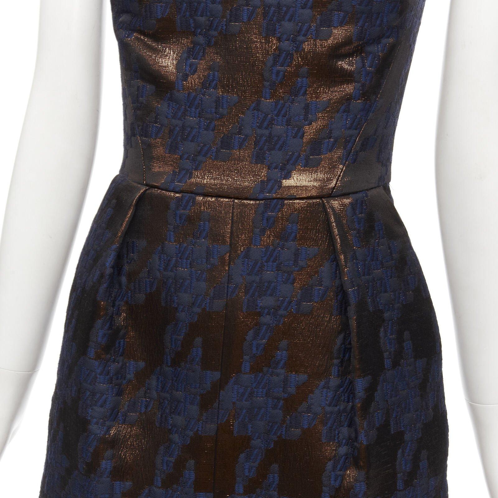 Martin GRANT metallic copper navy houndstooth jacquard midi dress FR34 XS en vente 3