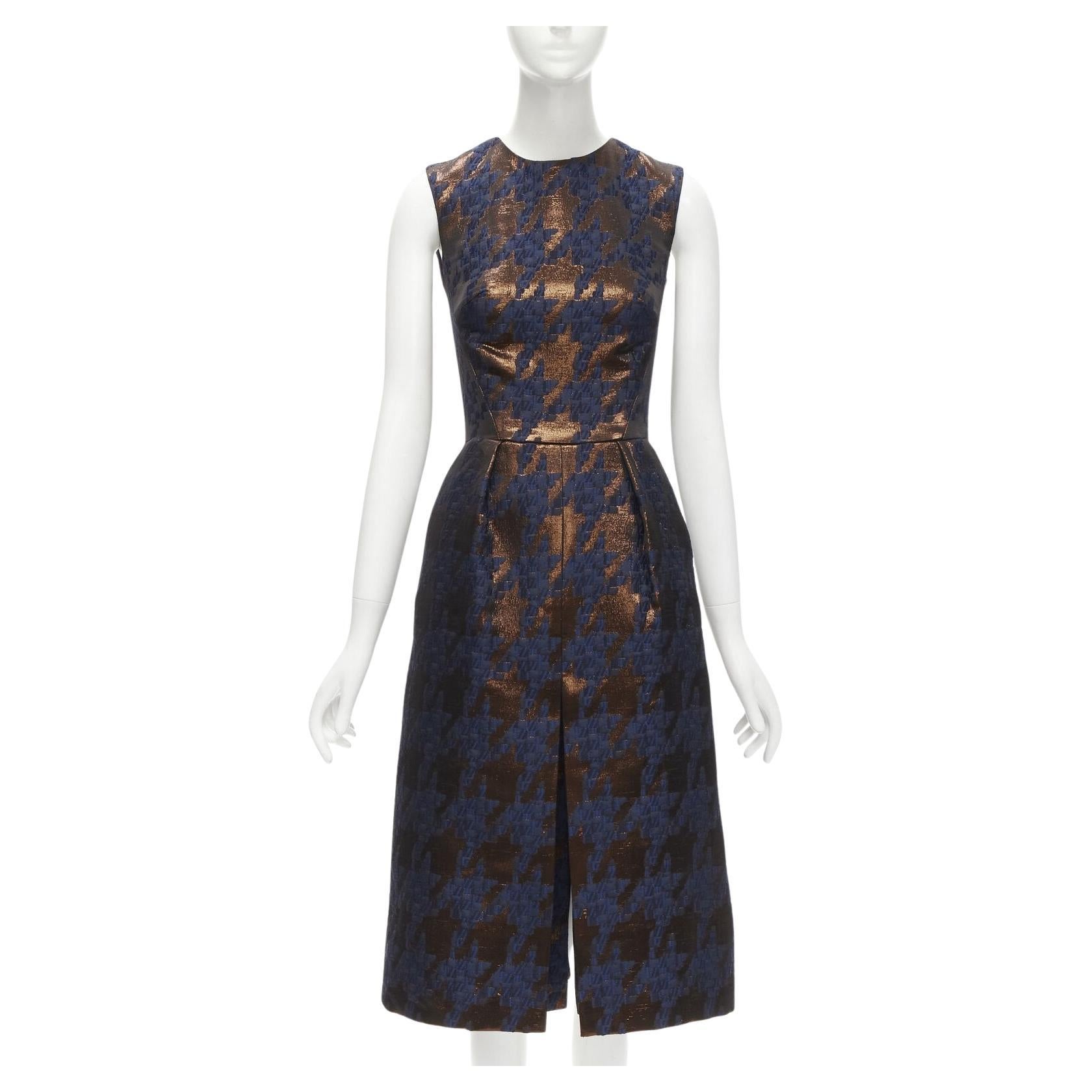 Martin GRANT metallic copper navy houndstooth jacquard midi dress FR34 XS en vente