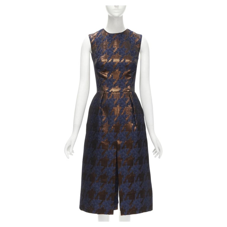 Martin Grant Metallic Copper Navy Houndstooth Jacquard Midi Dress Fr34 Xs Martin Grant Metallic Copper Navy Houndstooth Jacquard Midi Dress Fr34 Xs