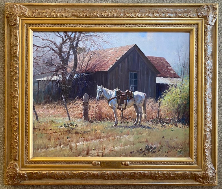 Martin Grelle Landscape Painting - MARTIN GRELLE "REST STOP" WESTERN COWBOY HORSE SHACK