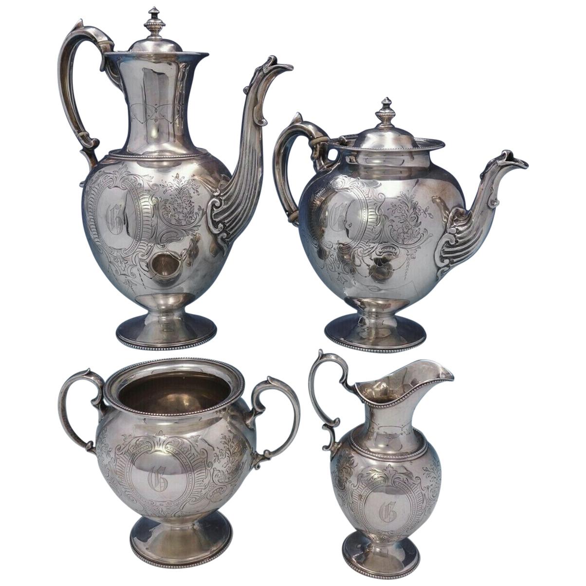 Martin Hall and Co. Sterling Silver Tea Set 4-Piece Hand Engraved, circa 1823
