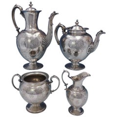 Vintage Martin Hall and Co. Sterling Silver Tea Set 4-Piece Hand Engraved, circa 1823