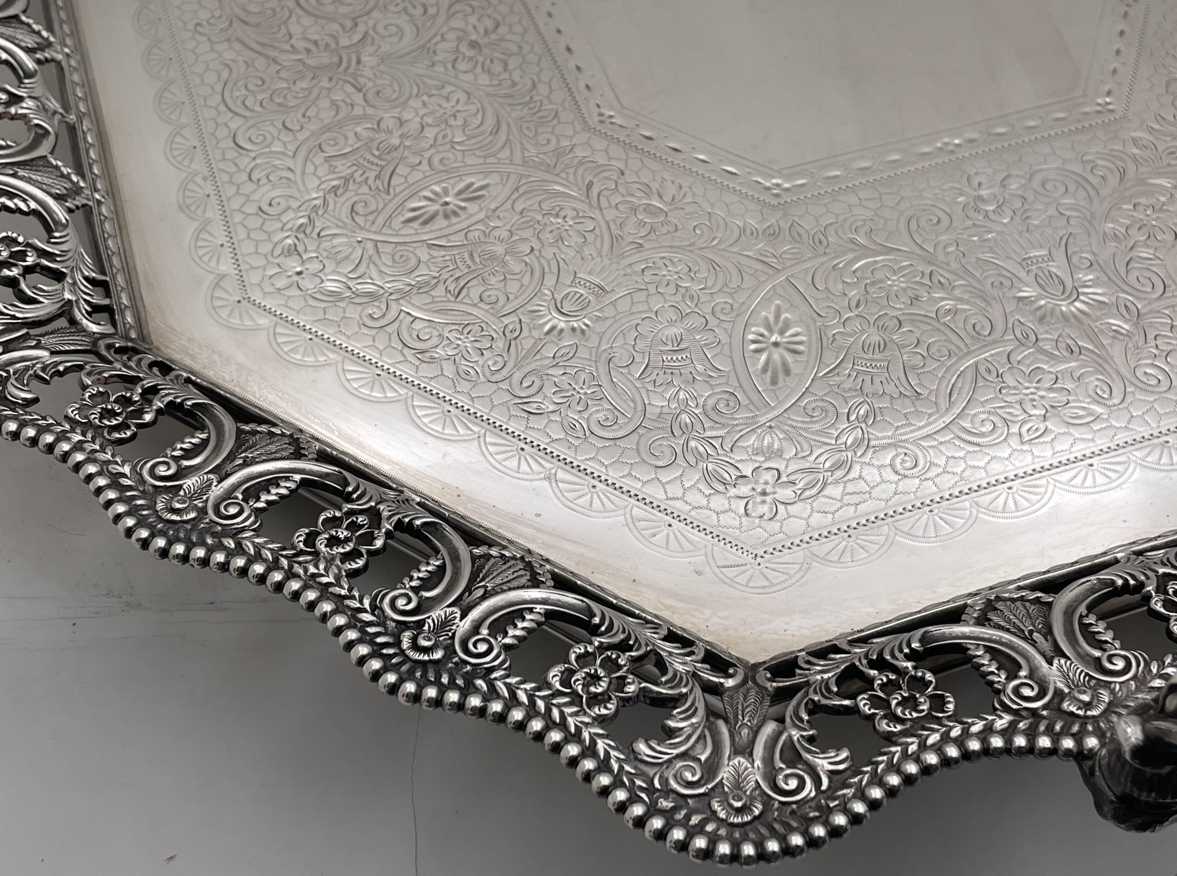 Martin Hall & Co. 1888 Sterling Silver Victorian Large Gallery Tray For Sale 1