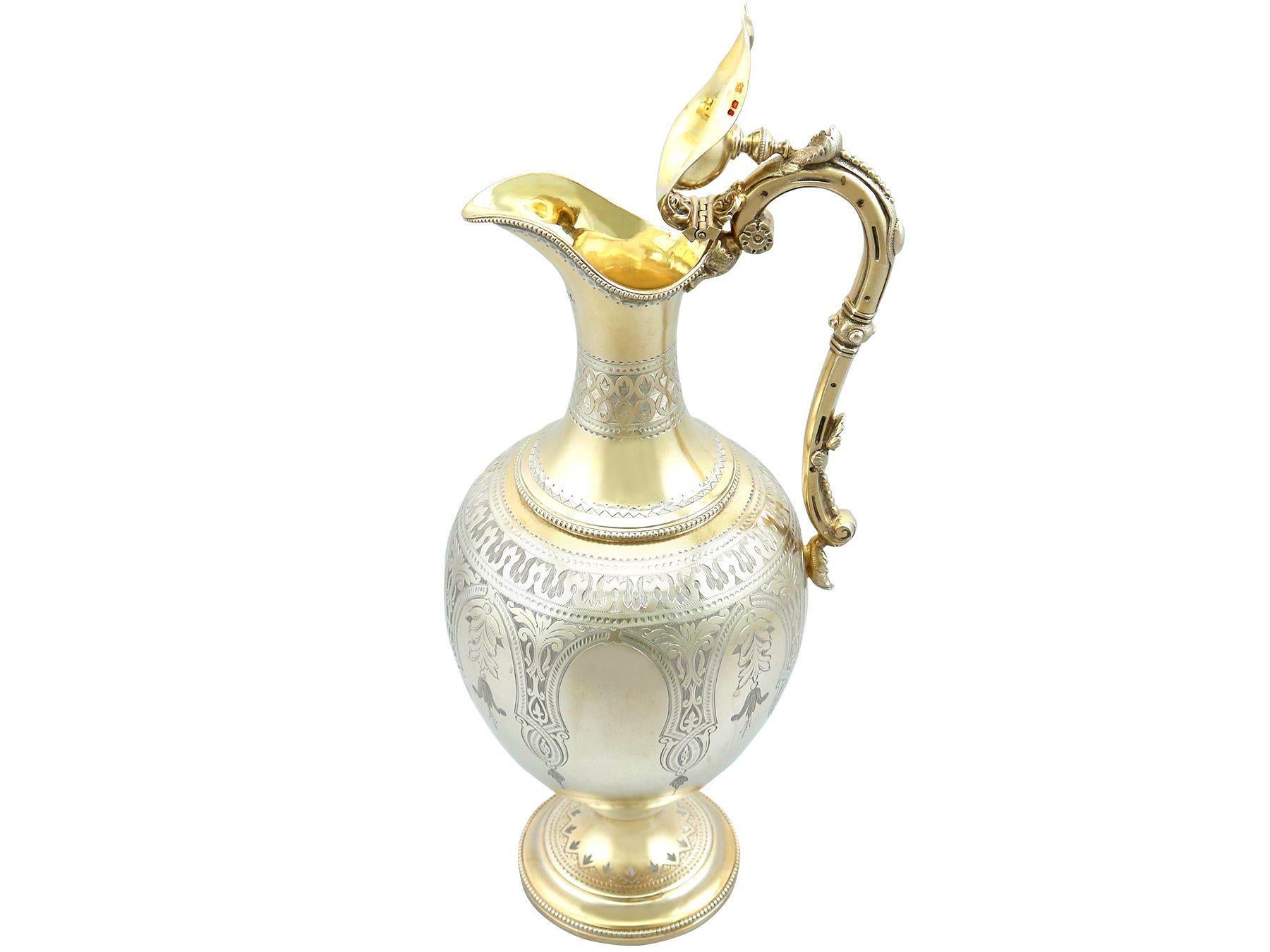 Late 19th Century Martin, Hall & Co Antique Victorian Sterling Silver Gilt Claret Jug and Goblets For Sale