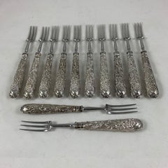 1920s Martin Hall English EP Silver Art Nouveau Grape Pattern Pastry Forks S/ 12
