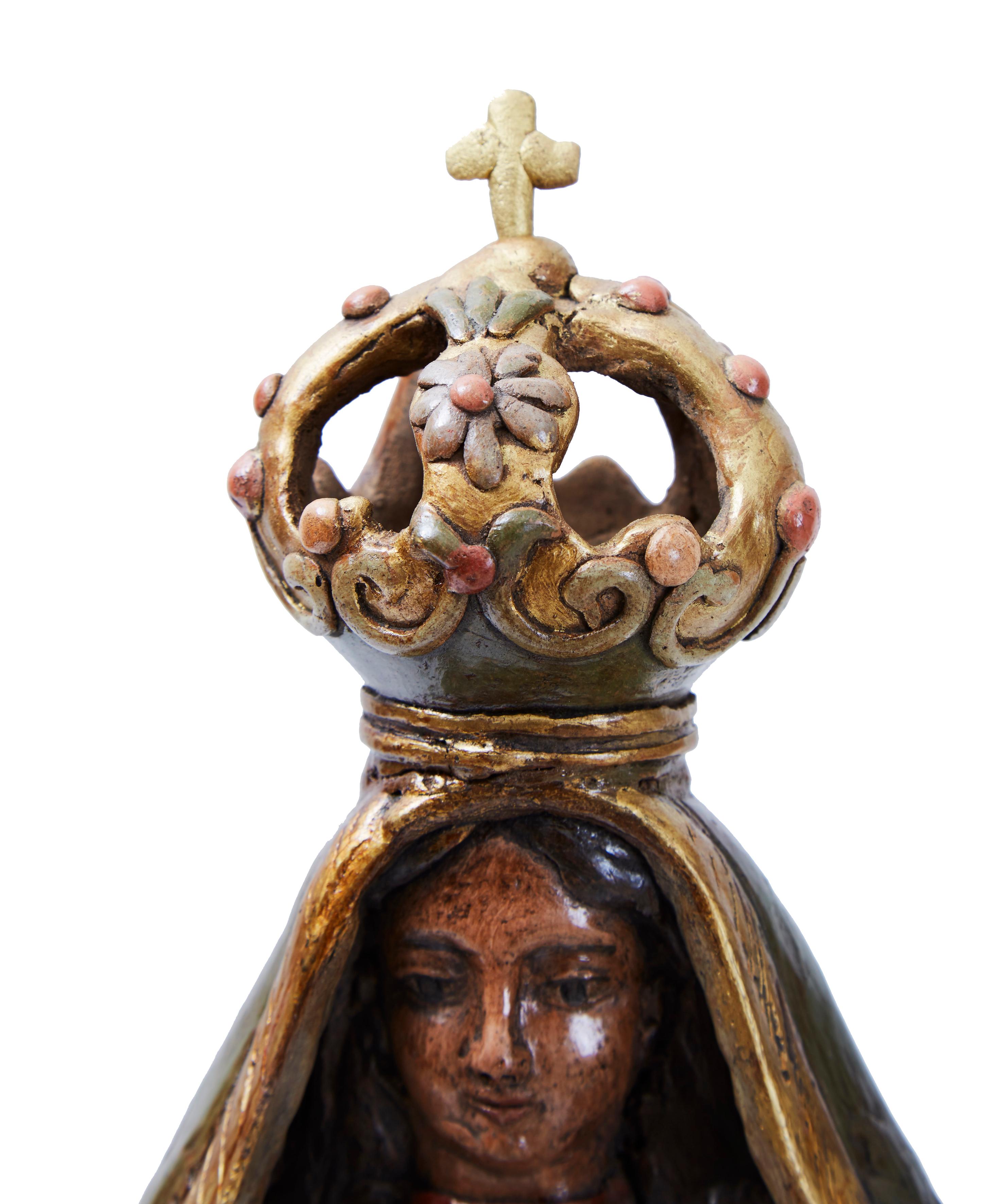 La Virgen del Carmen, Pottery & Ceramics, Mexican Folk Art, Cactus Fine Art - Brown Figurative Sculpture by Martin Ibarra Morales
