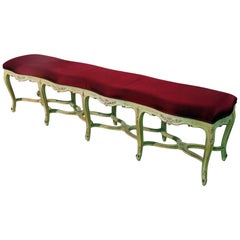 Long Ten Legged French Louis XV Painted Window Bench Stool 