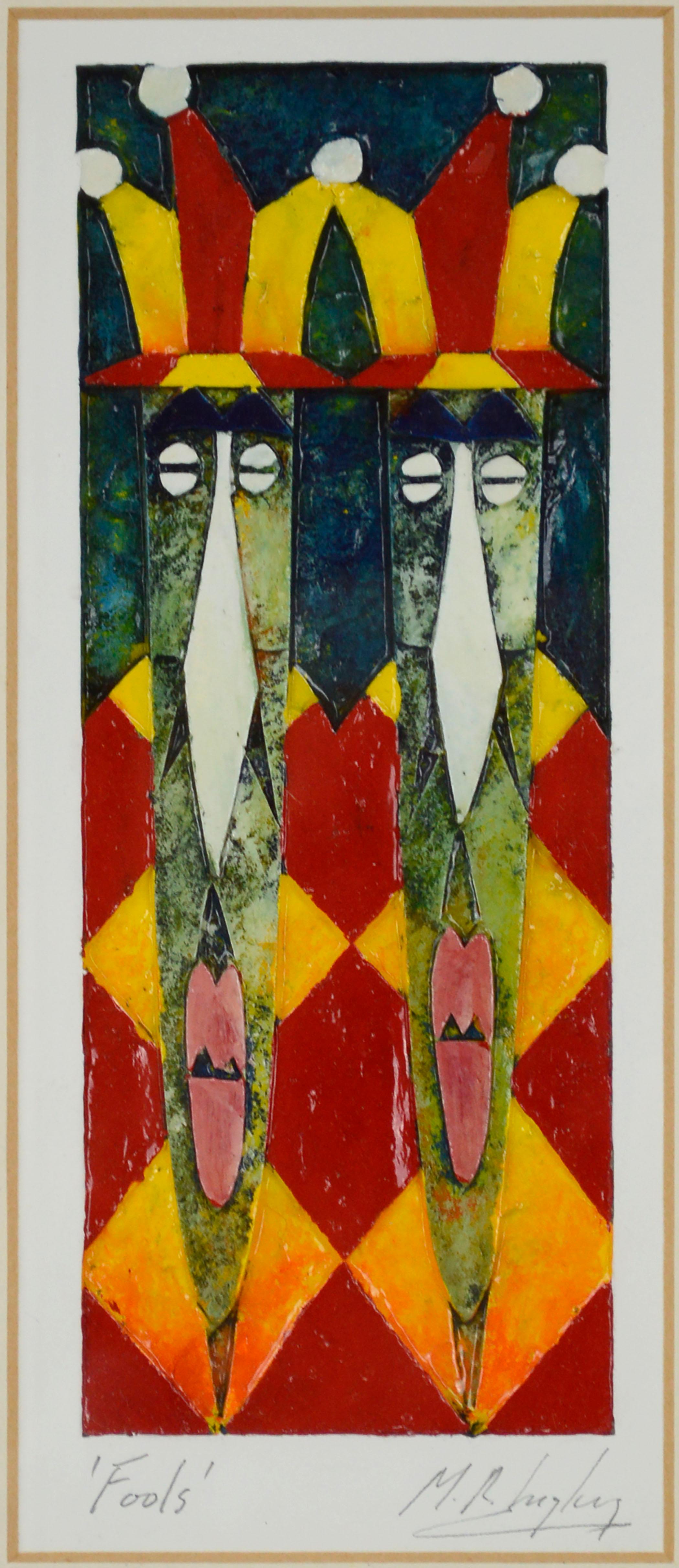 „Früchte“, Harlekin Jester Twins, geschnitztes Papierreliefgemälde in Primärfarben – Painting von Martin Ingley