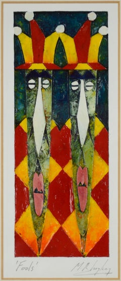 "Fools", Harlequin Jester Twins, Carved Paper Relief Painting in Primary Colors