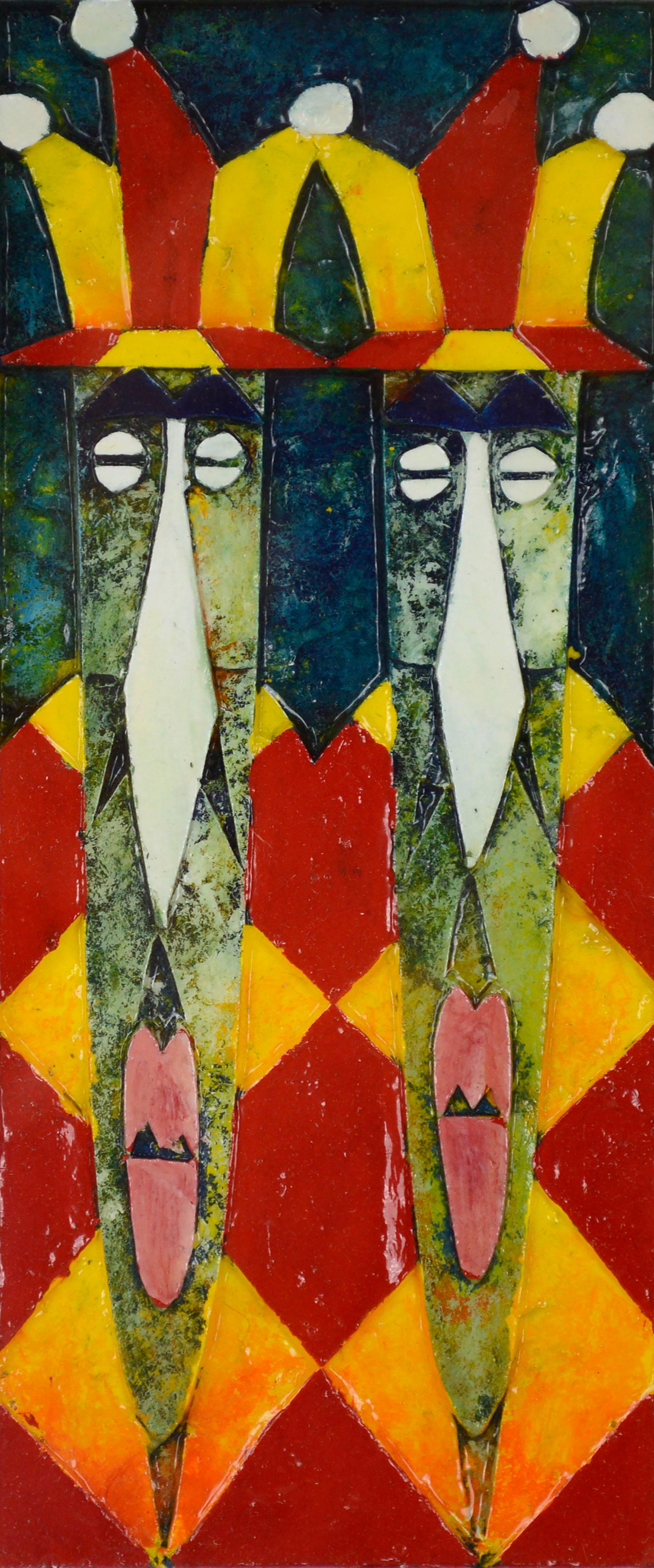 „Früchte“, Harlekin Jester Twins, geschnitztes Papierreliefgemälde in Primärfarben  (Fauvismus), Painting, von Martin Ingley
