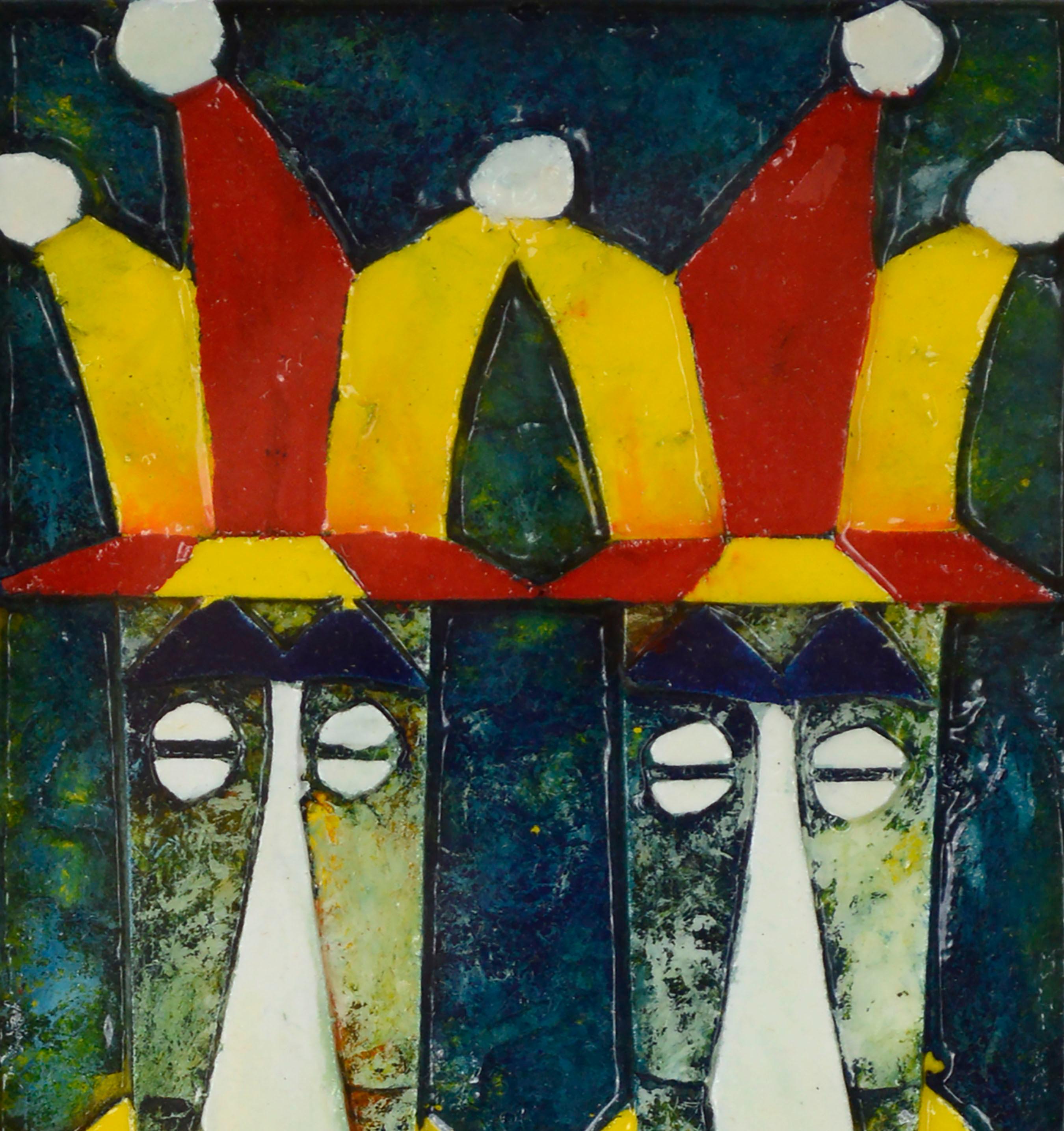 „Früchte“, Harlekin Jester Twins, geschnitztes Papierreliefgemälde in Primärfarben (Braun), Figurative Painting, von Martin Ingley
