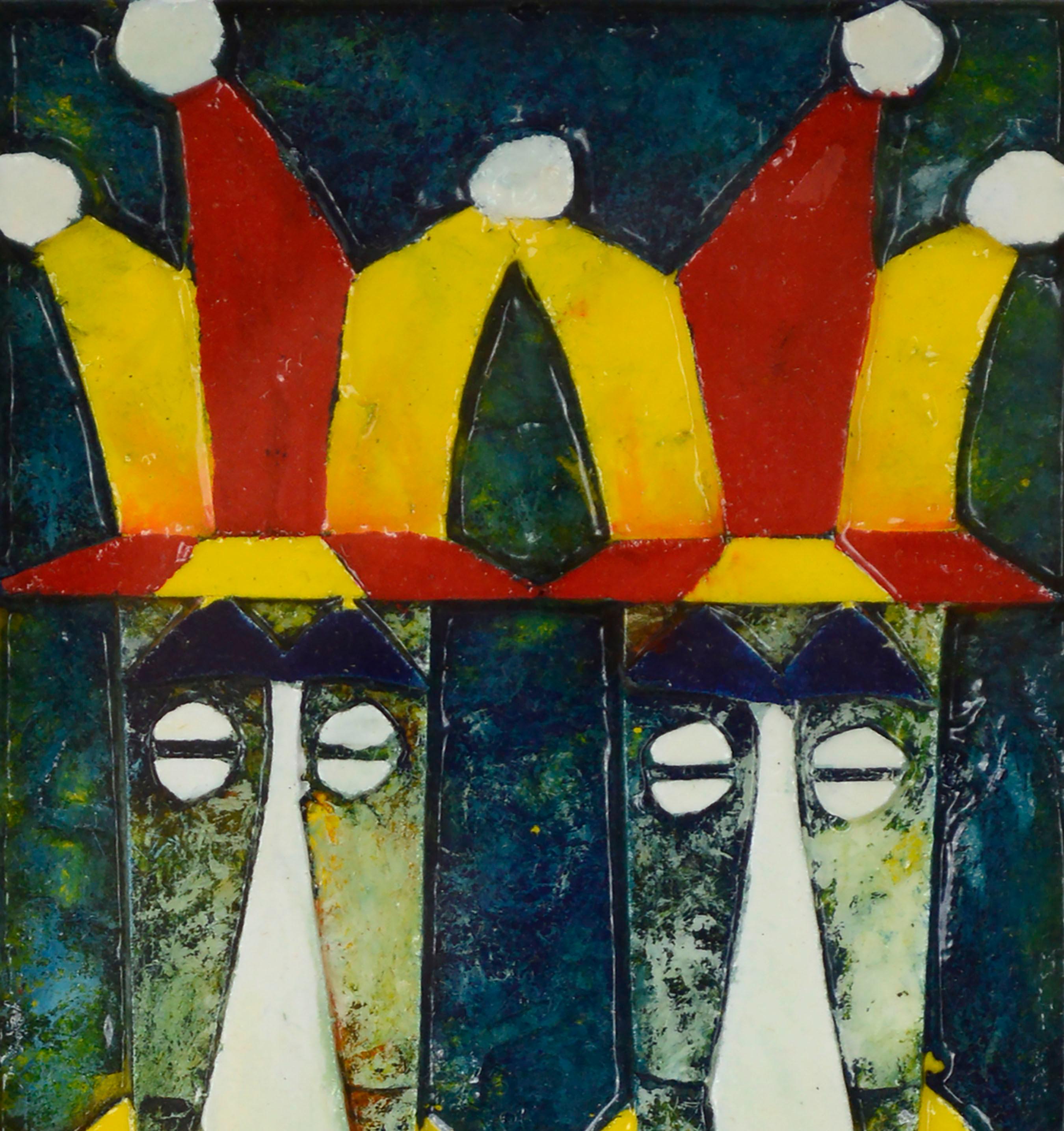 „Früchte“, Harlekin Jester Twins, geschnitztes Papierreliefgemälde in Primärfarben  (Braun), Figurative Painting, von Martin Ingley