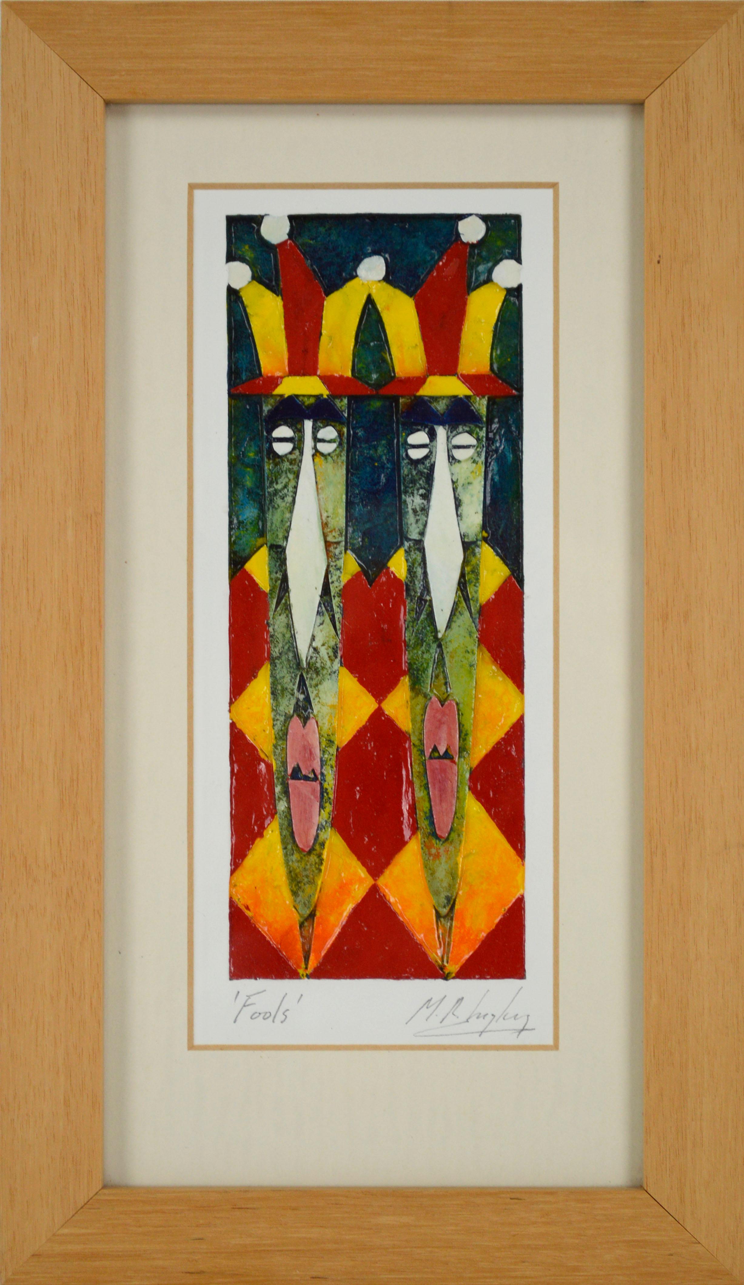 Martin Ingley Figurative Painting - "Fools", Harlequin Jester Twins, Carved Paper Relief Painting in Primary Colors 