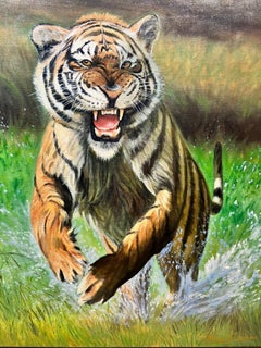 Contemporary British Oil Painting Roaring Tiger in Landscape Leaping at Viewer