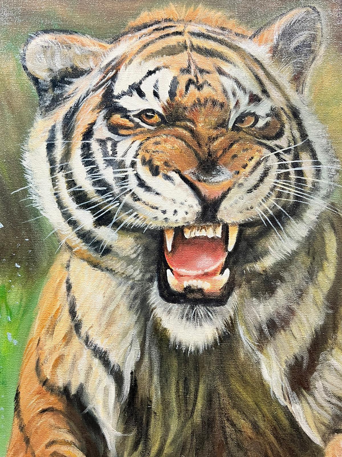 Contemporary British Oil Painting Roaring Tiger in Landscape Leaping at Viewer For Sale 1