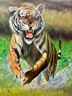 Contemporary British Oil Painting Roaring Tiger in Landscape Leaping at Viewer