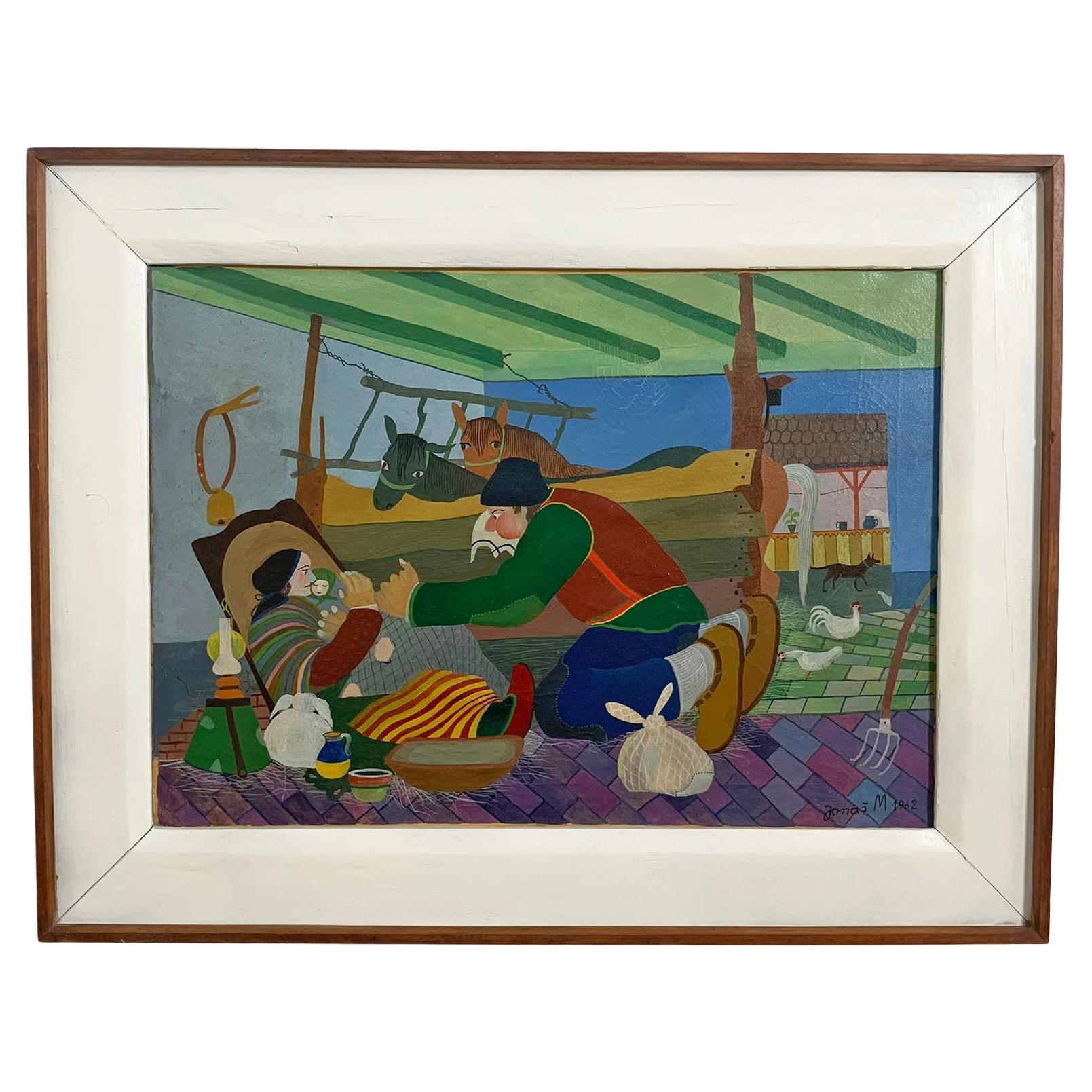 Martin Jonas "Peasant Primitive" Painting D. 1962 For Sale