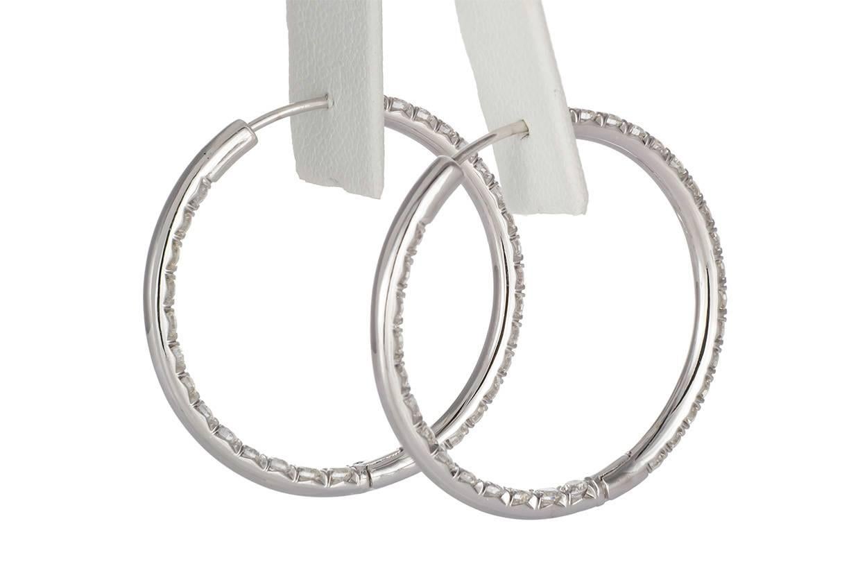 Round Cut Martin Katz 18 Karat White Gold and Diamond Hoop Earrings 3.60 Carat