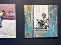 Lesendes Mädchen - 21. Jahrhundert, abstraktes Bild eines lesenden Mädchens in einer Bibliothek