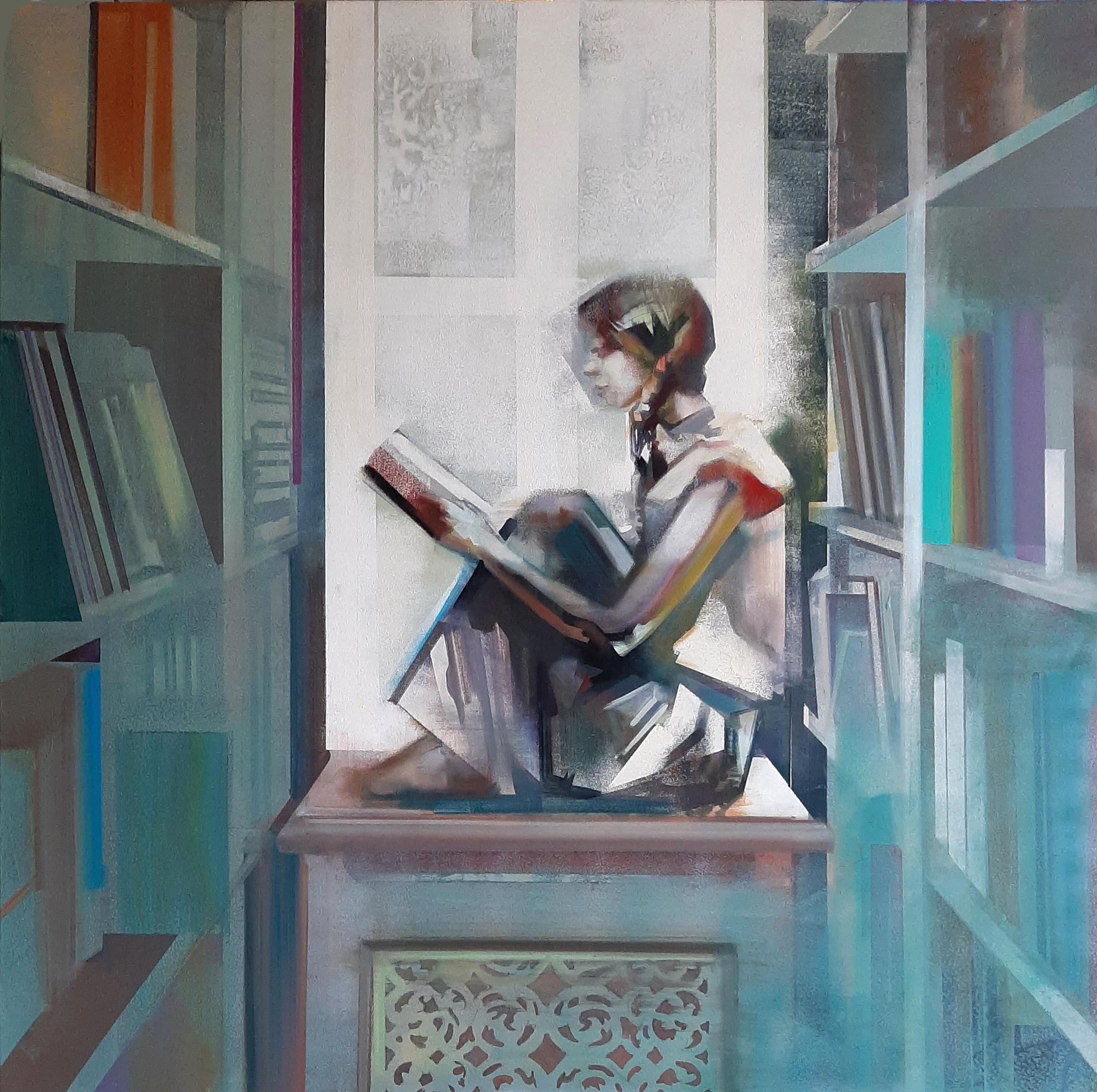 Girl Reading- 21st Century figurative abstract of a reading girl in a library