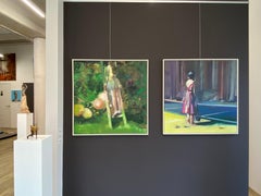 Midnight Tennis- 21st Century Contemporary Painting of a girl on a tennis court