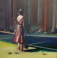Midnight Tennis- 21st Century Contemporary Painting of a girl on a tennis court