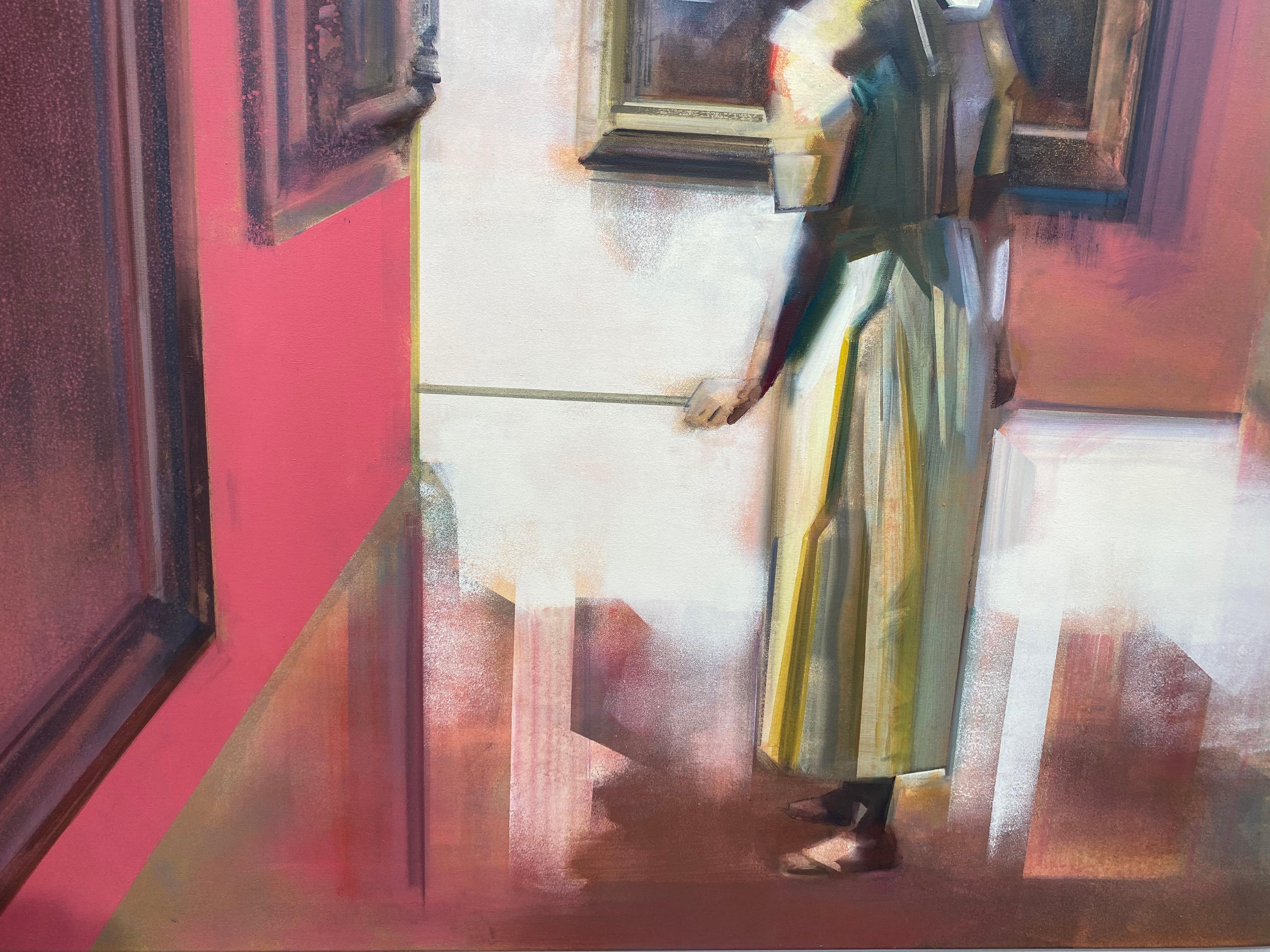 Visite de musée IV - Abstraction figurative du 21e siècle - Une fille dans un musée - Gris Figurative Painting par Martin Koole