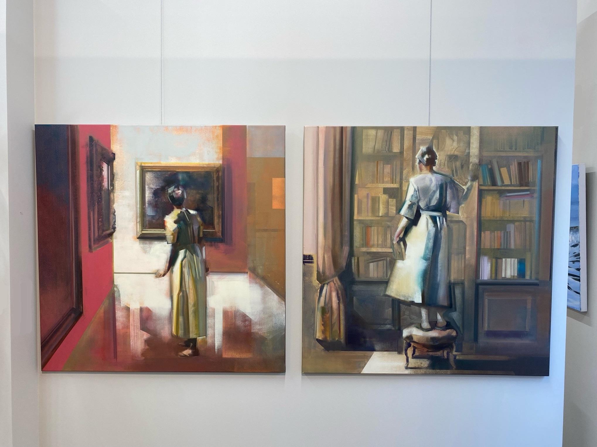 Organiser mes étagères - Abstrait figuratif du 21e siècle - Fille dans une bibliothèque en vente 5